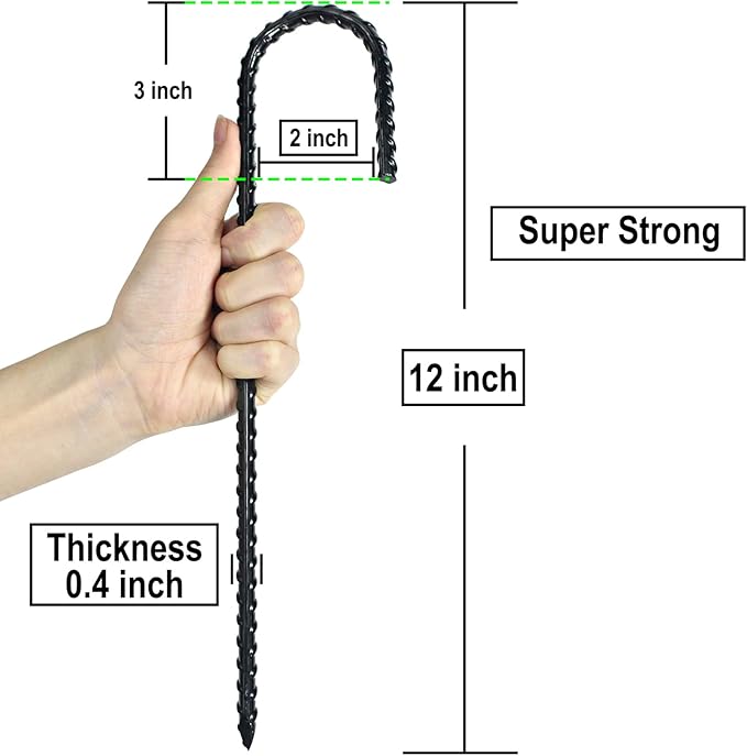 12 Inch Rebar Stakes Heavy Duty J Hook, Coated Steel Ground Stakes Tent Stakes Ground Anchors for Chain Link Fence Stakes and Trampoline Stakes (6), Black