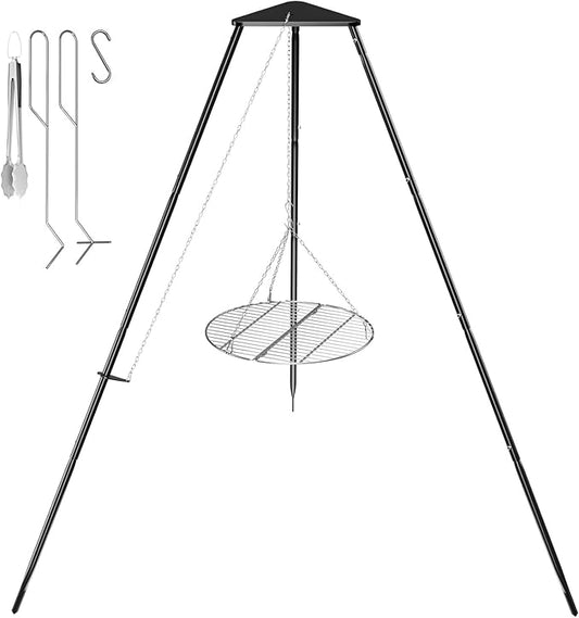 Campfire Tripod for Cooking, Campfire Cooking Equipment, Round Grill Grate with Adjustable Height for BBQ Picnic Outdoor Cookware Party & Collapsible Legs for Easy Storage