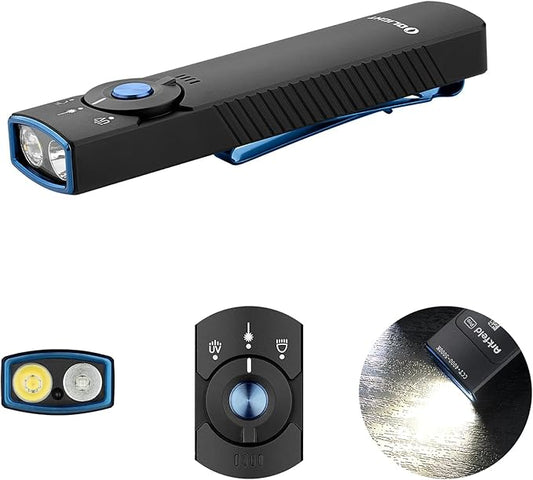 OLIGHT Arkfeld Pro Rechargeable EDC Flat Flashlight with Green Beam, UV and White LED Combo, 1300 Lumens Portable Pocket Lights, Triple Sources for Outdoors Emergency Working (Black NW)