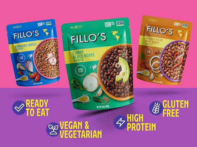 Fillo's Ready to Eat Beans Variety Pack | Black Beans, Lentils, & Pink Beans | Gluten-Free, Preservative-Free, Microwavable Meals, Non-GMO, Vegan, Plant Protein, 10 oz Pk of 6