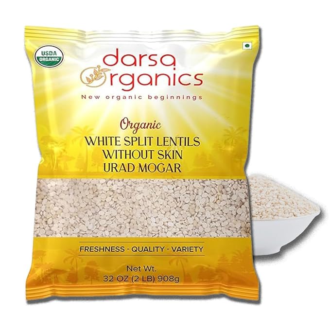 Darsa Organics Urad Dal Split Without Skin (Urad Mogar) 2lb ??USDA Organic White Matpe Split Lentils | Non-GMO, Plant-Based Protein, Kosher | Great for Dosa Batter, Soups, & Stews