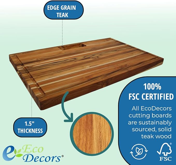 EcoDecors, Teak Edge Grain Cutting Board 29"x18", Solid FSC Teakwood Butcher Block with Juice Groove, Handles & Waste Chute, Large Cutting Board for Kitchen, Carving, and Stove-Top Prep