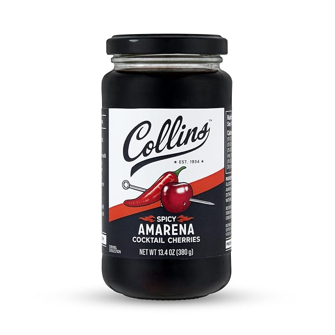 Collins Spicy Amarena Cherries in Syrup, Black Cherries for Old Fashioned or Manhattan, Cocktail Cherries, Garnish for Cocktails or Desserts,13.4oz