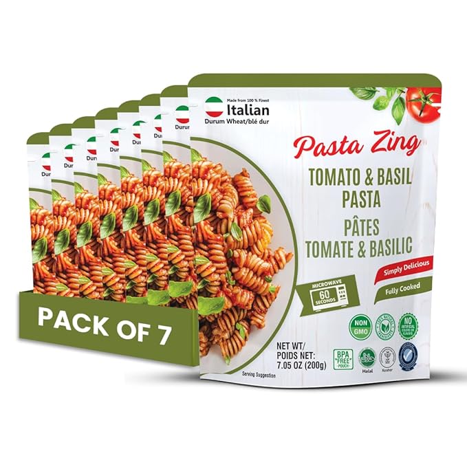 Pasta Zing Tomato & Basil Pasta, Pack of 7, 7.05 Ounce | Ready To Eat in 60 Sec | Made with 100% Italian Durum Wheat | Natural Ingredients | Classic & Flavorful | Easy Meal & Side Dish