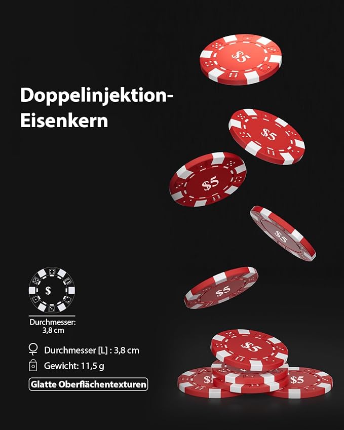 Poker Chips 1000 Chips Set with Denominations, 11.5g Weighted Numbered Casino Chips Set, 2 Decks with Compact Aluminum Case for Texas Hold'em, Blackjack Chips