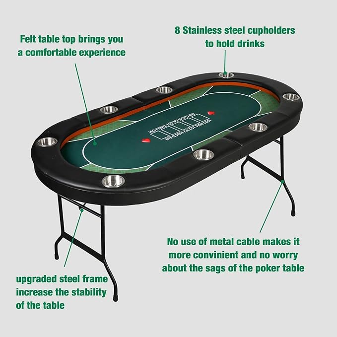 Upgraded 8- Player Foldable Poker Table for Blackjack Card Game, Portable Casino Table for Game Room with Stainless Steel Cup Holder, Padded Rails, Green Felt Surface