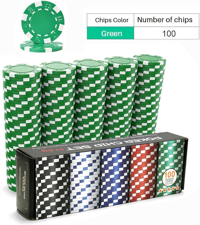100PCS Green Casino Poker Chips Set, 11.5 Gram Plastic Clay Blank Game Chips for Poker Card Games Texas Holdem Blackjack Gambling (with Gift Box)