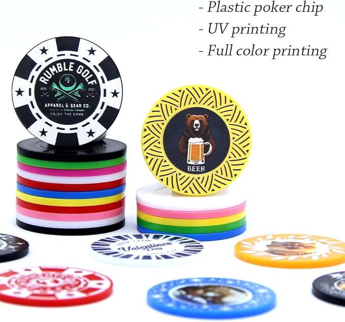 100 Custom Plastic Poker Chips, Print with Personalized Text, for Texas Hold'em Poker, Card Club or Late Night Poker Games