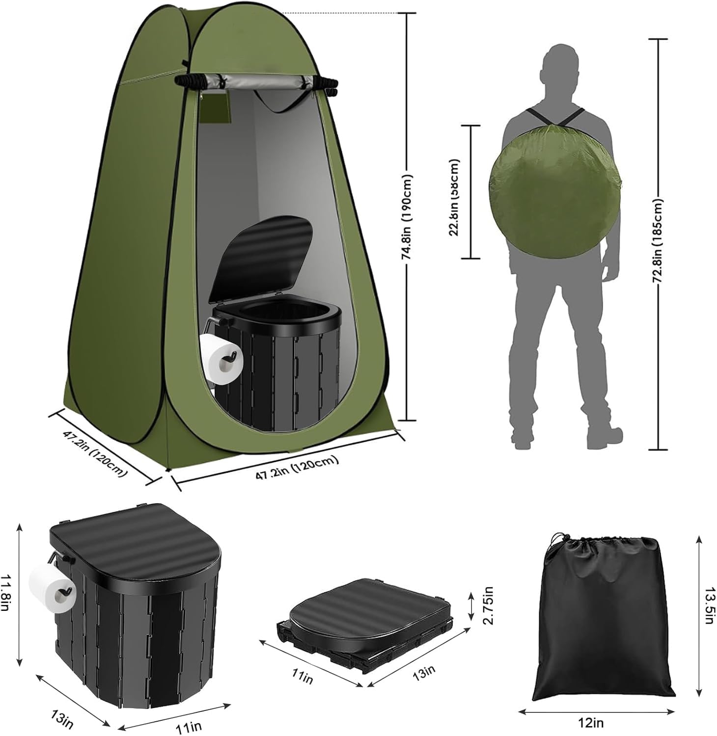 Portable Toilet Kit, Camping Toilet with Pop-Up Privacy Tent Toilet Bags, Washable Portable Outdoor