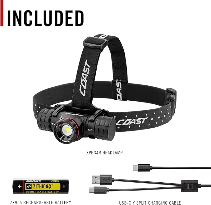 Coast® XPH34R 2075 Lumen USB-C Rechargeable-Dual Power LED Headlamp withPURE Beam® Twist Focus??and Magnetic Base