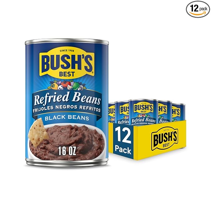 BUSH'S BEST 16 oz Canned Black Refried Beans, Source of Plant Based Protein and Fiber, Low Fat, Gluten Free, (Pack of 12)