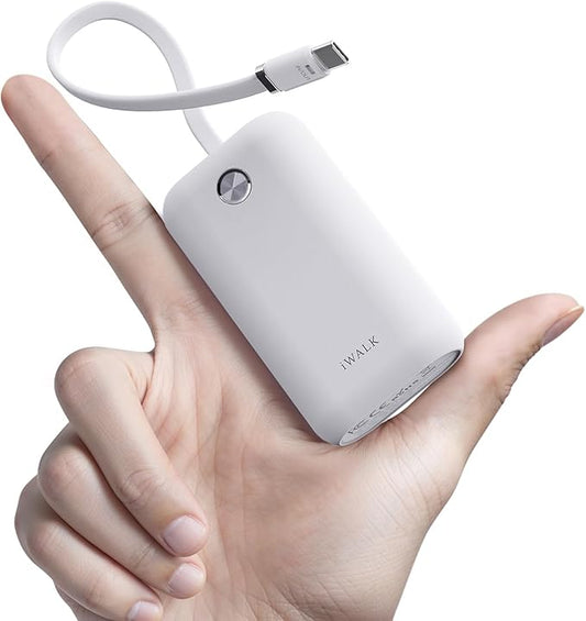 iWALK Mini Portable Charger 10,000mAh, 22.5W USB-C Fast Charging Power Bank with Built-in Cable, Travel Essential Ultra-Small Battery Pack Compatible for iPhone 17/16/16 Pro/15, Samsung, Google, White
