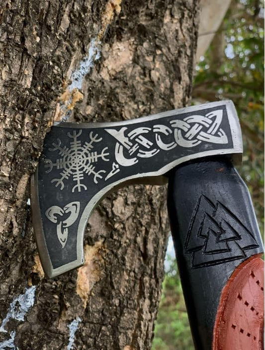 Qepaa Crafts® Custom Gift Forged Carbon Steel Viking Axe Bearded Axe with Rose Wood Shaft Tomahawk - Real Hatchet, Best Gift for Anniversary, Valentine's Day, Birthday, Premium Leather Sheath (Sm Asg)