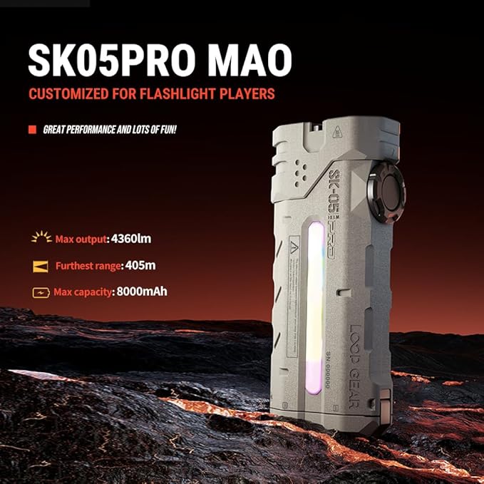 SK05 PRO Mao EDC Flashlight 4360 Lumens, 8000mAh Rechargeable LED Flashlight & Power Bank, 3-in-1 Lighting Modes (Flood/Spot/Side Light) for Camping, Hiking, Emergency - IP68 Waterproof