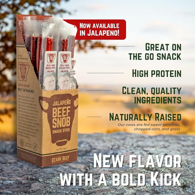 Beef Snob Snack Sticks - Jalapeño Flavor - 1 Ounce Snack - 20 Meat Sticks Per Box - High Protein Snack, Sugar Free Snack, Keto Friendly, Gluten Free Jerky Sticks