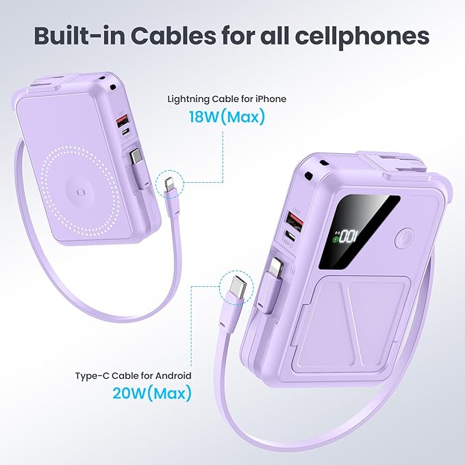 Wireless Portable Charger,5-in-1 Magnetic Power Bank 10000mAh Built in Cables and AC Plug,22.5W Fast Charging Magnetic Battery Pack,Compatible with iPhone 16/15/14/13/12,Apple Watch Series,Airpods