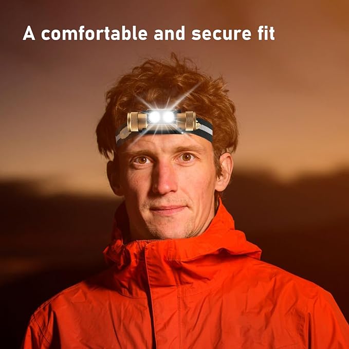 Headlamp, 1200 High Lumens Head Lamp for Adults, Waterproof and Impact Resistant, Adjustable and Comfortable Headband, Golden,Gifts for Family,Friend