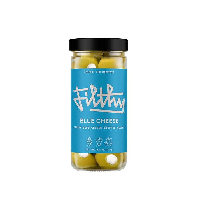 Filthy Blue Cheese Stuffed Olives, Premium Cocktail Garnish, Blue Cheese Stuffed Olives, Naturally Cured Queen Olives Stuffed With Real Wisconsin Blue Cheese for Martinis, 8.5 Oz Jar, 14 Olives