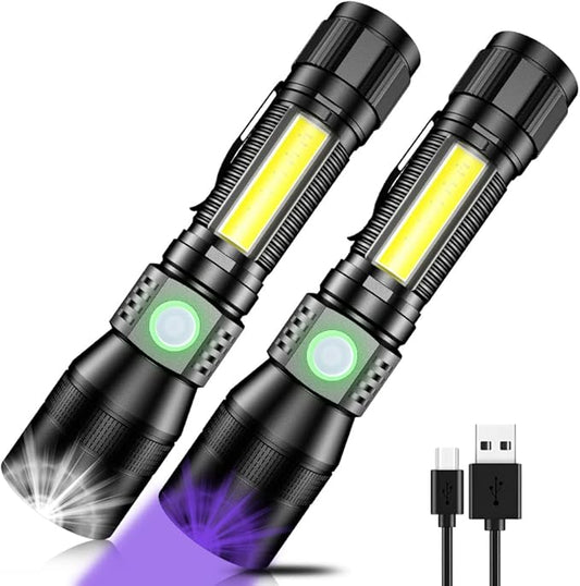 UV Flashlight Black Light, 2-Pack USB Rechargeable Blacklight Flashlight with Magnetic -Side Work Light, 7 Modes, Zoomable, Waterproof ??LED Torch for Mechanics Pet Urine Stains Detector