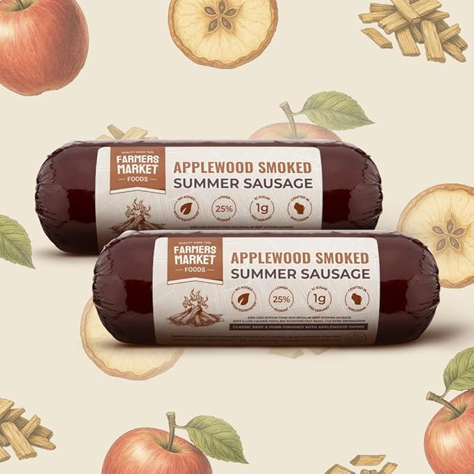 Farmers Market, Gluten Free, Keto, Paleo, Low Sodium, Zero Sugar, Summer Sausage Gift Set, 2-Pack, Applewood Smoked