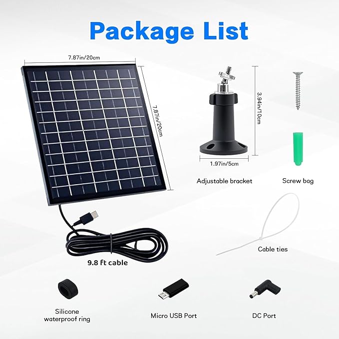Solar Panel for Security Camera IP65 Waterproof USB 5V 6W Solar Panel Charger Type-C Port?�Micro USB Port＆DC Port Solar Sanels for Cameras with 9.8ft Charging Cable Charging Power(1 Pack Black)