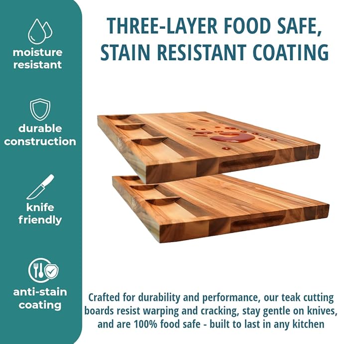 EcoDecors, Teak Cutting Board 24x18, FSC Certified Edge Grain Wood Reversible Butcher Block with Juice Groove, 3 Charcuterie Trays & Handles, Large Teakwood Cutting Board for Kitchen & Carving