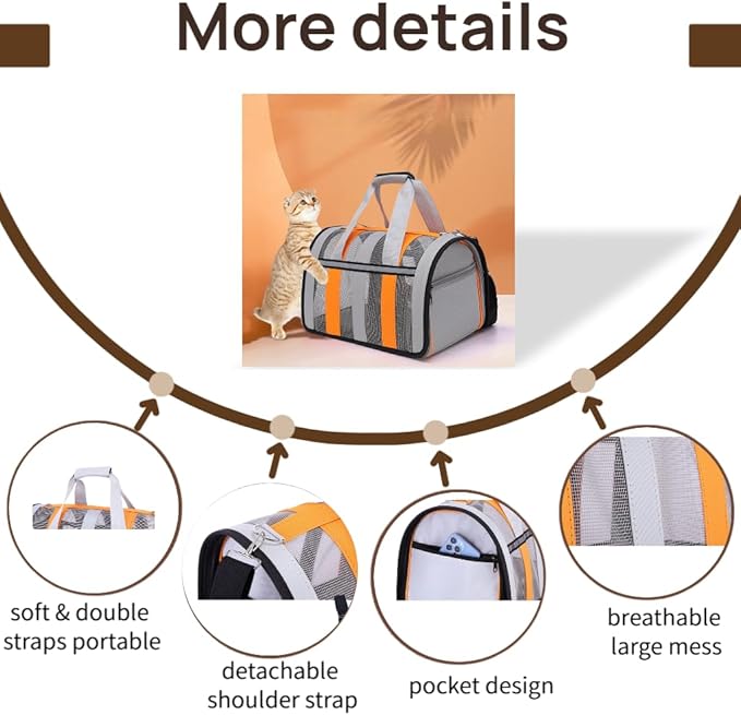 Airline Approved Soft Sided Cat Carrier and Small Dog Crate up to 10lbs - Lightweight Cats Bag Carrier for Pets with Litter Pocket for Kittens and Puppies (Gray and Orange, Small)