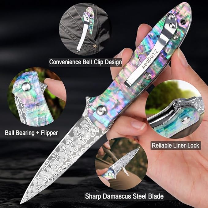 Damascus Pocket Knife for Women, 2.87" Damascus Steel Blade EDC Knives for Men, Abalone Shells Handle, Pocket Knives & Folding Knives for Indoor Outdoor Camping Hiking