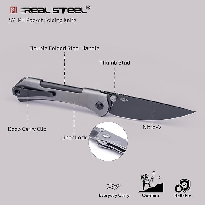 REALSTEEL SYLPH Folding Pocket Knife, Liner Lock, 3.07" Nitro-V Steel Black PVD Blade, Thumb Stud, Double Bending Steel Handle, 3.35oz, Deep-carry Pocket Clip, EDC Outdoor Indoor, Gifts for Men Women Camping Hiking Climbing (Gray Black)