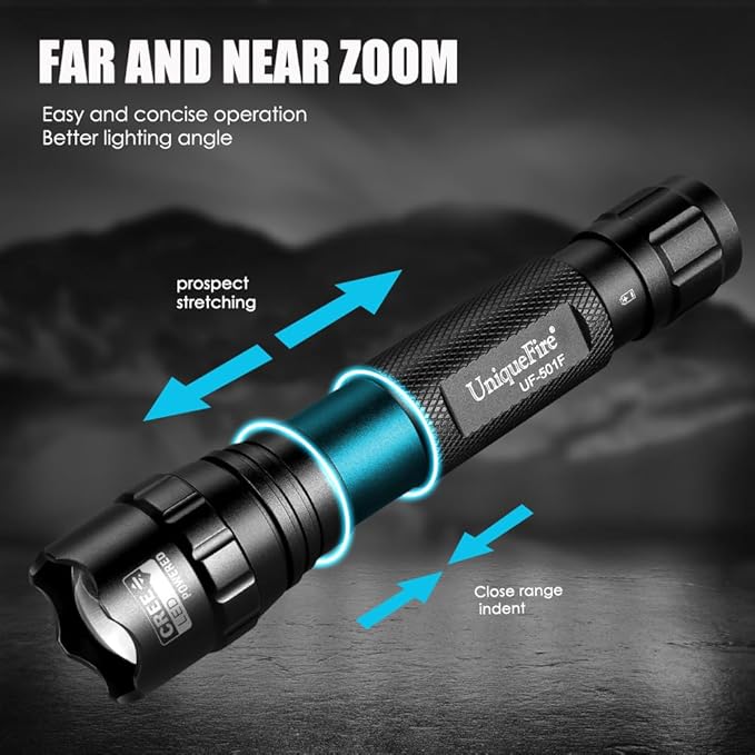 UniqueFire 501F Small Tactical Flashlight with Holster, 5 Modes Mini CREE LED Zoomable Flashlight High Lumen Torch with IPX-65 Waterproof EDC Flashlight Bright Flash Light for Daily use,Emergencies