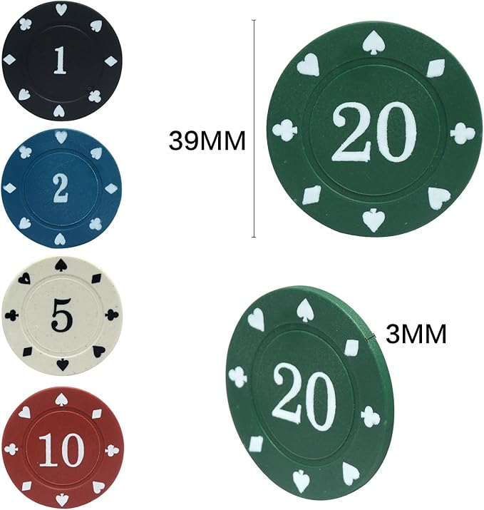 100PCS Poker Chip Set with Portable Storage Bag Professional Grade Casino Style 5 Colours for Texas Holdem Blackjack Poker Night Party (Small Denomination)