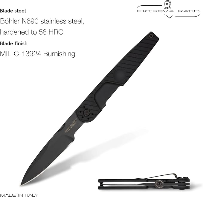 Extrema Ratio - LKU01 (Urban Dark), Böhler N690 Steel Blade 58 HRC, Black Burnished Finish, Smooth Aluminum Handle, Compact Design, Italian Craftsmanship