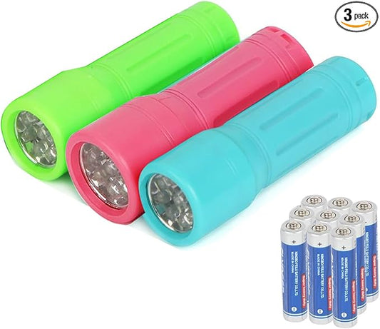 3 Pack 9-LED Mini Flashlight Bulk, Small Multicolor Flashlights with Lanyard, 9 AAA Batteries Included, for Hurricane Supplies Party Favors