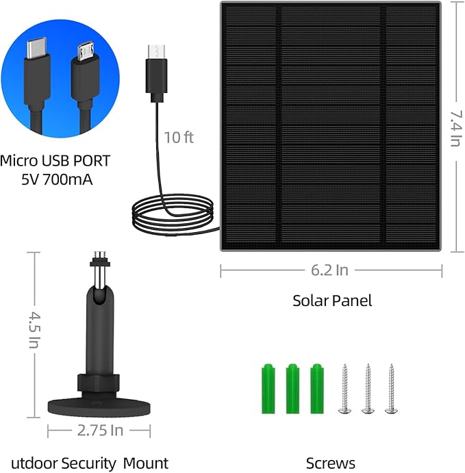 5W Solar Panel for Security Camera, Solar Panel with Micro USB & USB-C Port for DC 5V Outdoor Rechargeable Battery Camera, IP65 Waterproof, 360° Adjustable Security Mount, 9.8ft Cable(Black)