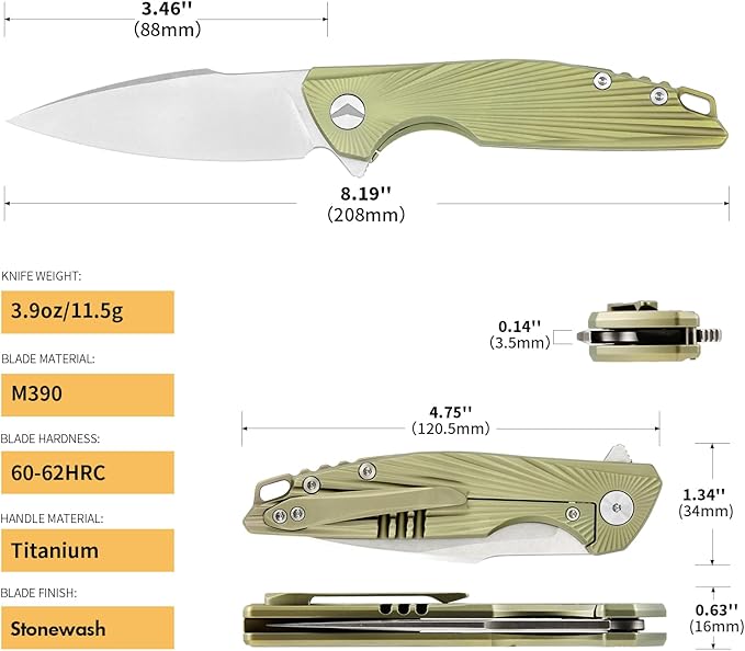 Folding Pocket Knife,EDC Knife,M390 Steel Blade,Titanium Carbon Fiber Handle,Tactical/Outdoor Camping/Survival/HuntingKnife (Golden)