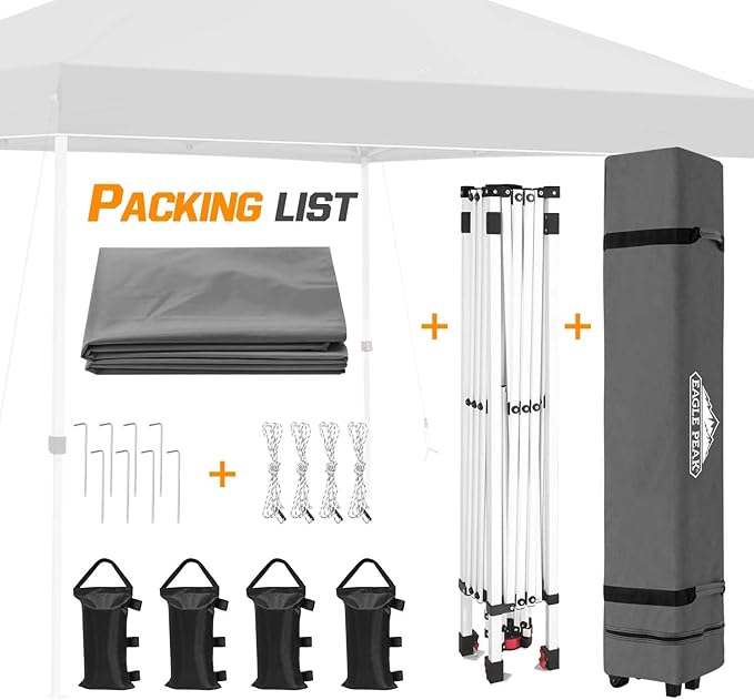 EAGLE PEAK Pop Up Canopy Tent with Wheeled Carry Bag, 8 Stakes, 4 Ropes, 4 Weight Bags, Easy Set Up Tent Canopy, 10x10 ft, 100sqft of Shade, Gray