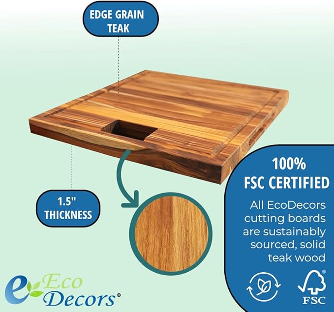 EcoDecors, Teak Edge Grain Cutting Board 17"x18", Solid FSC Teak Wood Butcher Block with Juice Groove, Waste Slot & Handles, Wooden Cutting Board for Kitchen, Carving & Stove-Top Prep
