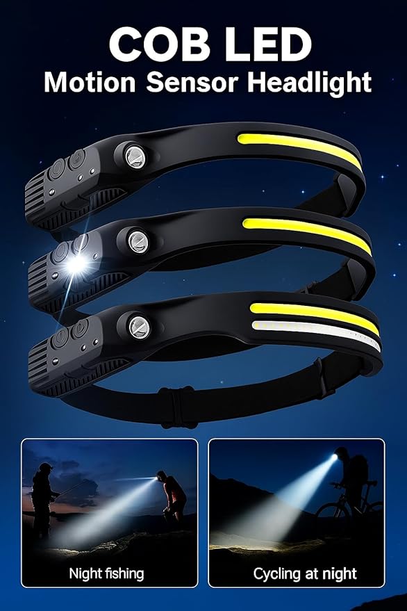 3-Pack Rechargeable LED Headlamps ??High-Power USB Headlights COB Floodlight & Motion Sensor ??Super Bright, Adjustable Beam, Water-Resistant ??Ideal for Camping, Work, Fishing, Biking, Running