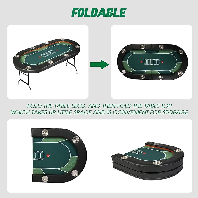 Upgraded 8- Player Foldable Poker Table for Blackjack Card Game, Portable Casino Table for Game Room with Stainless Steel Cup Holder, Padded Rails, Green Felt Surface