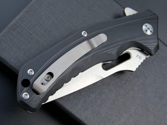 Eafengrow EF908 Pocket Knife Sanding Finished D2 Steel Blade G10 Handle Pocket Clip and Liner Lock with Titanium Coating Tactical Camping Survival Tool Knives (BLACK)