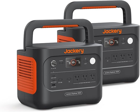 Jackery Explorer 1000 v2 Portable Power Station*2,1070Wh LiFePO4 Battery,1500W AC/100W USB-C Output, 1 Hr Fast Charge, Solar Generator for Camping,Emergency, RV, Off-Grid Living(Solar Panel Optional)