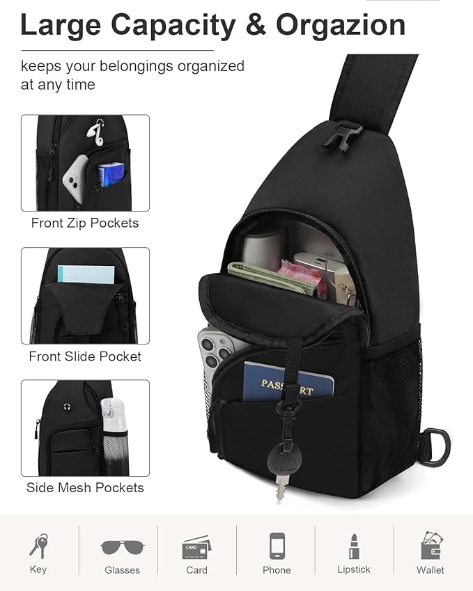 Crossbody Bags for Women Man Waterproof Sling Bag Backpack Trendy Casual Cross Body Bag with Convertible Shoulder Strap Chest Bag for Camping Hiking Travel Essentials (Black, Large)
