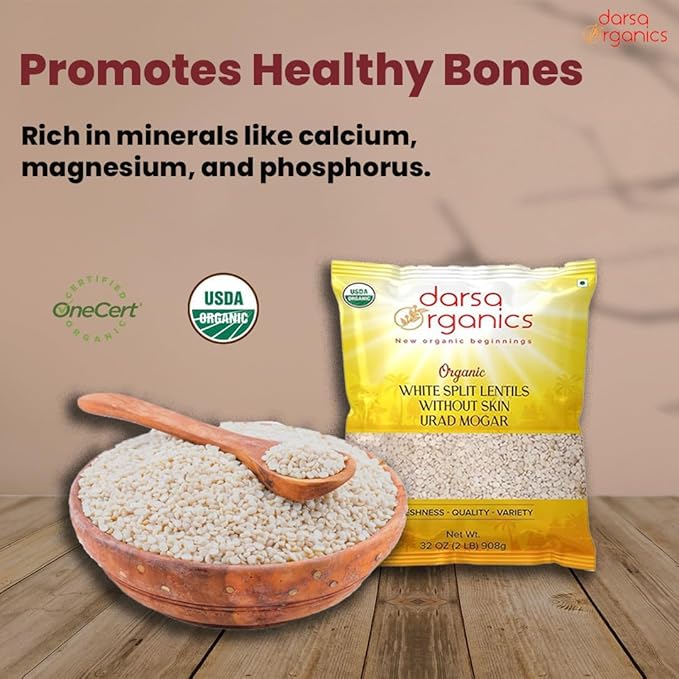 Darsa Organics Urad Dal Split Without Skin (Urad Mogar) 2lb ??USDA Organic White Matpe Split Lentils | Non-GMO, Plant-Based Protein, Kosher | Great for Dosa Batter, Soups, & Stews