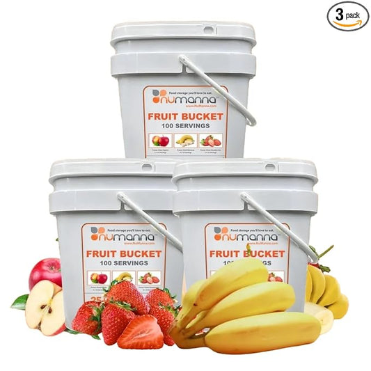 Numanna Freeze-Dried 3 Fruit Bucket ??300 Servings | Apples, Bananas, Strawberries | Healthy Snack for Everyday, Emergency & Survival Use | Durable Packaging | 25+ Year Shelf Life | Made in USA