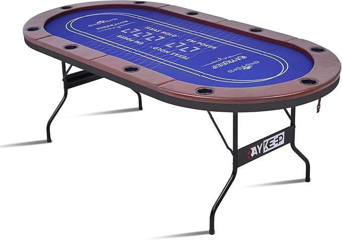 Foldable Poker Table for 10 Players, 84" Folding Blackjack Texas Holdem Table, Portable Casino Leisure Card Board Game Table with Cup Holders and Padded Rails for Game Room (Brown)