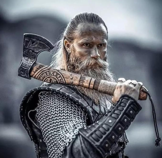 19” Hand Forged Viking Axe- Rose Wood Shaft Engraved Carbon Steel Bearded Axe for Camping- Viking Gift for Men(Norse Viking Axe)