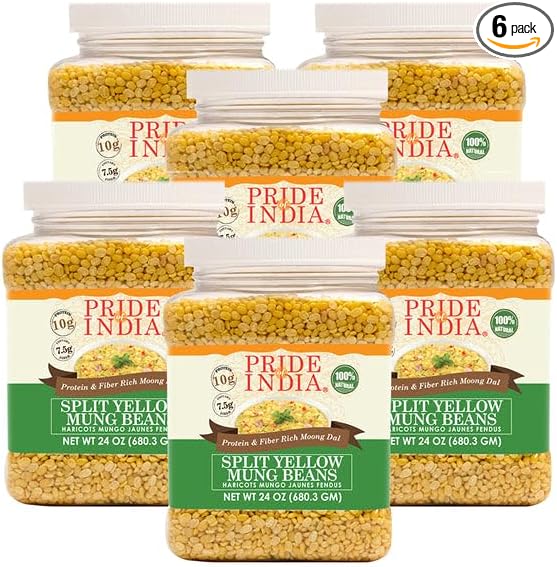 Pride Of India - PACK of 6 - Indian Split Yellow Mung Lentils - Protein & Fiber Rich Moong Dal, 1.5 Pound Jar