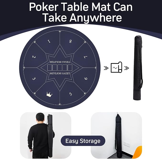 CONTINUE 47 x 47 Inch Poker Table Mat 8 Players Texas Hold'em Poker Mat Professional Poker Mat Anti-Slip Rubber Poker Table Top Layout with Carrying Bag for Poker Games, Blackjack, Casino