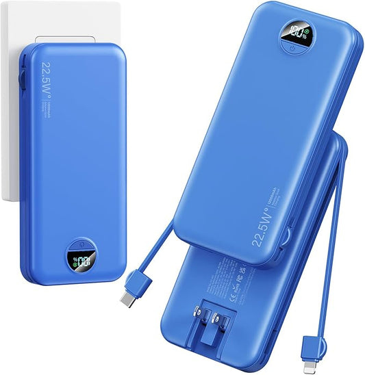 12000mAh Ultra-Portable-Charger-Power-Bank with Built in Cables&AC Wall Plug,PD20W USB-C Fast Charging Cell Phone Charger Battery Pack,LED Display Travel Battery Bank for All iPhone,Samsung,Android