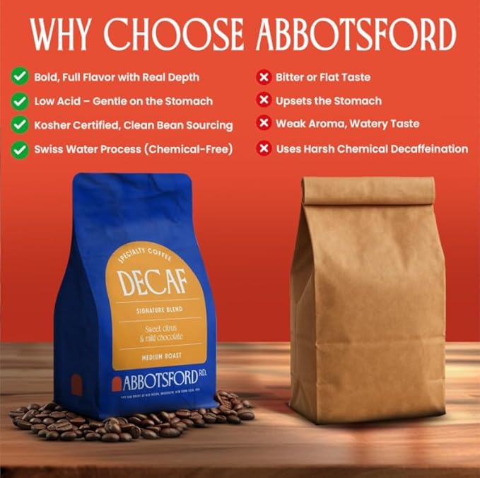 Abbotsford Road Whole Bean Decaf Coffee, Specialty Medium Roast 12 oz Bag, Chemical-Free Arabica Decaffeinated Coffee Beans, Freshly Roasted, Flavored Swiss water decaf coffee Beans, Sweet Citrus & Mild Chocolate Notes